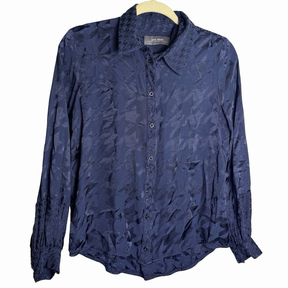 Black Houndstooth Silky Button Up Shirt Womens Small Long Sleeve Mos Mosh Blouse